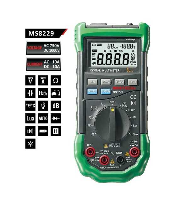 MS8229 - Дигитален Мултицет, Vdc, Vac, Adc, Aac, Ohm, F, Hz, °C, dB, Lux, MASTECH