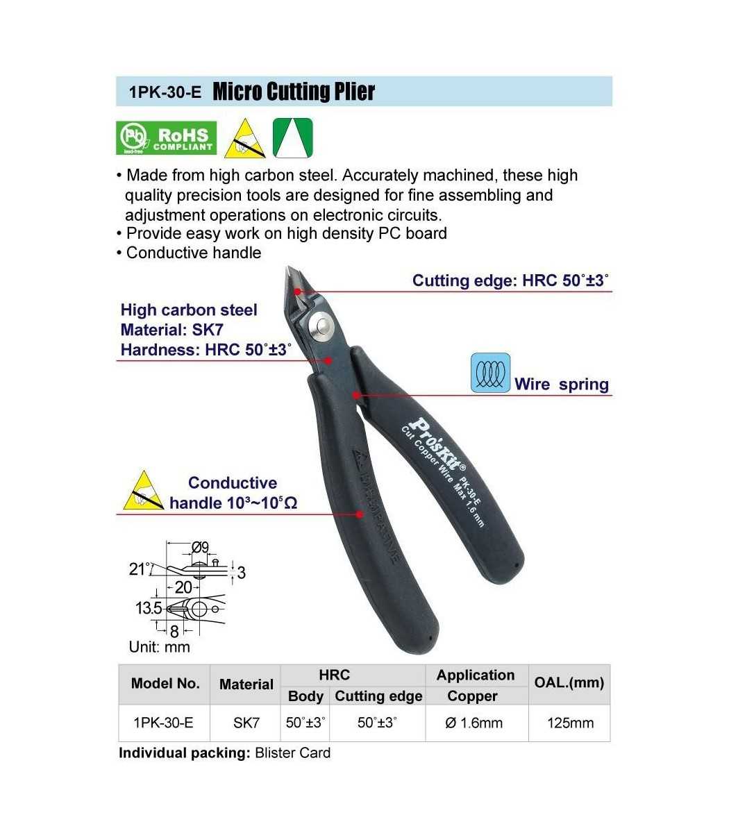 Proskit 1PK-30-E Thick Blade Diagonal Cutting Pliers with Anti-static Handle 125mm Black