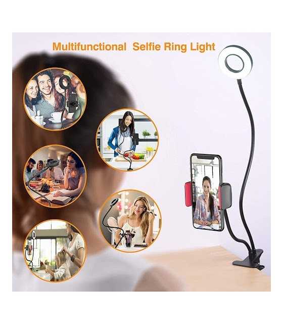 Selfie LED Ring Light with Mobile Phone Holder Live Stream Makeup Camera Lamp - Black