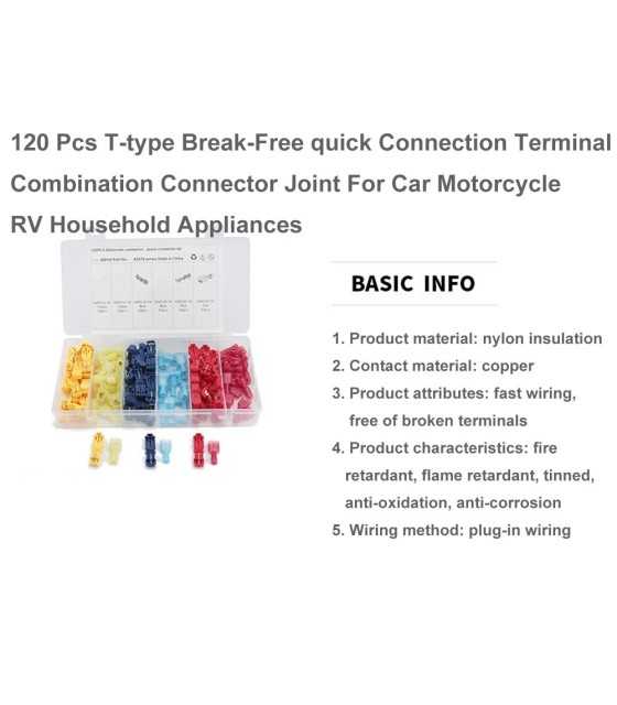 120 Pcs T-type Break-Free quick Connection Terminal Combination Connector Joint For Car Motorcycle RV Household Appliances