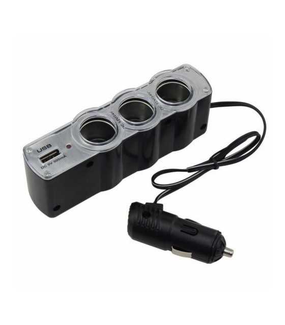 USB Triple Multiple Plug Car Adapter - 3 Cigarette Lighter+1 USB Port
