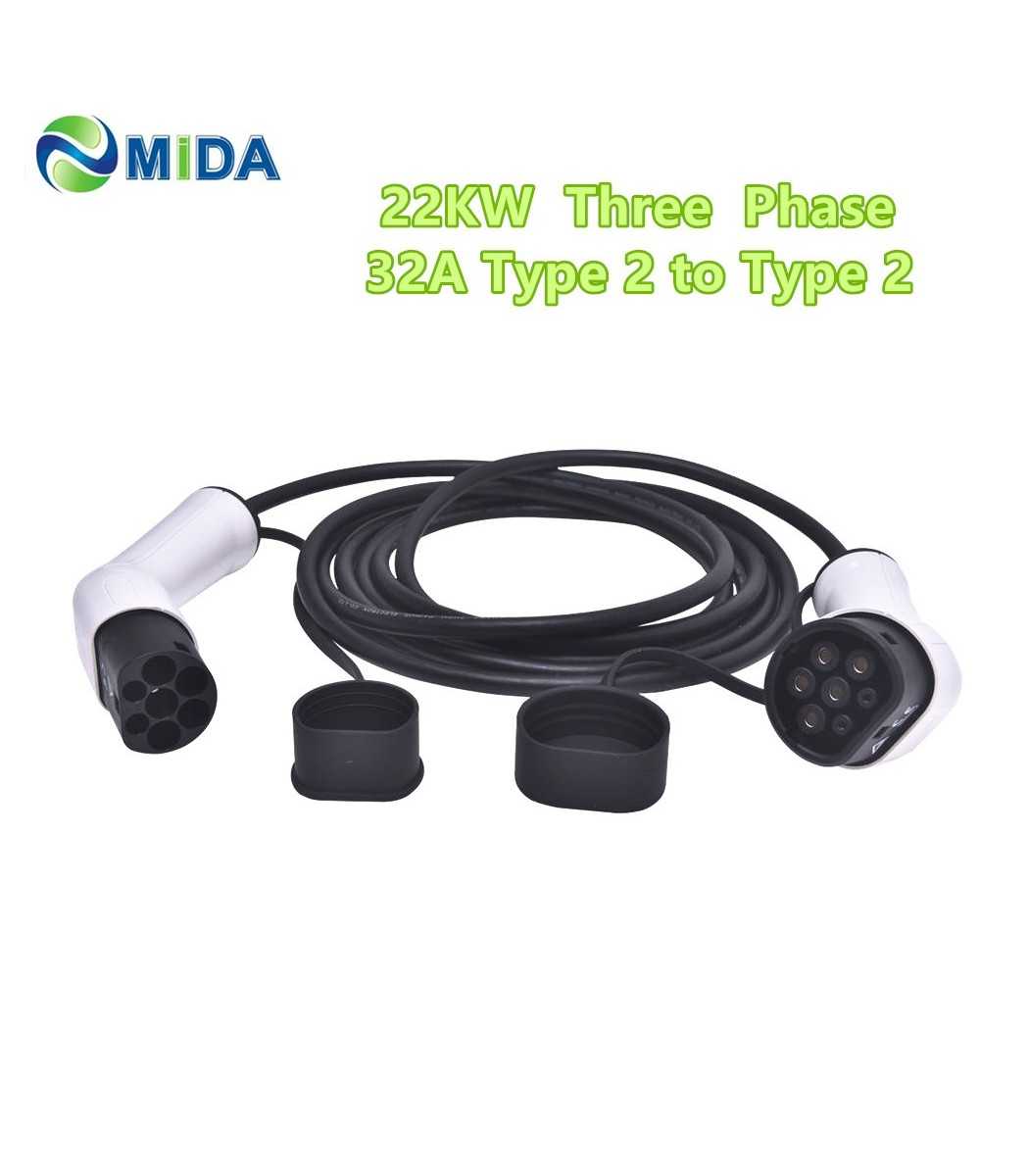EV Charger 32A Type 2 to Type 2 Plug Adapter Connector 5m Cable