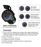 12-2V Dual USB Car Charger Socket Port With Colourful Digital Voltmet4er QC 3.0 Fast Charging Bus Trailer Boats