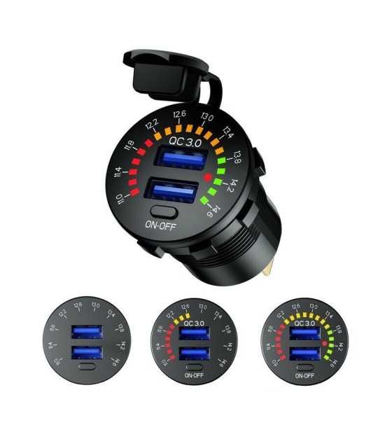 12-2V Dual USB Car Charger Socket Port With Colourful Digital Voltmet4er QC 3.0 Fast Charging Bus Trailer Boats