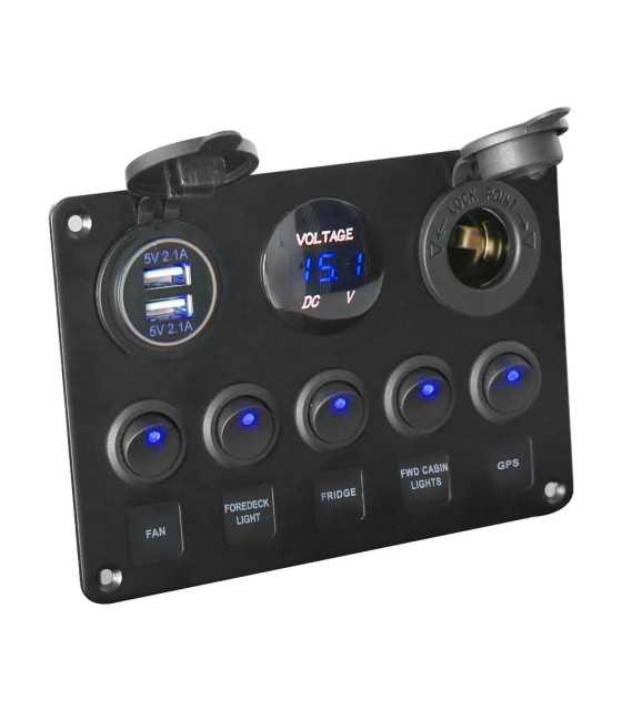 Waterproof 12V/24V Toggle Switch Panel, Dual USB Charger Port 4.2A + Lighter Socket + Digital Voltmeter