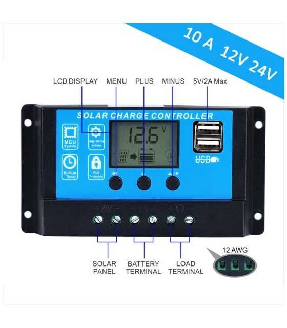 10A 12V/24V Auto Work Solar Charge Controller Max PV Input 120W/240W with Dual USB Ports LCD Display