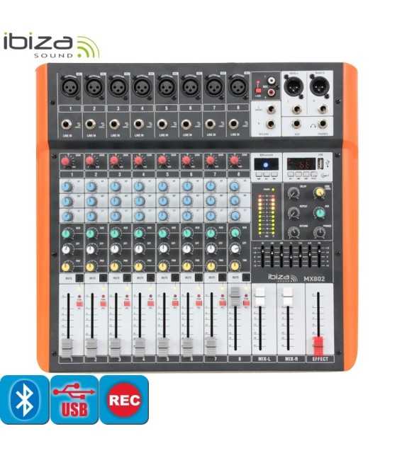 MX802 8-Channel Music Mixer with USB and BLUETOOTH from Ibiza Sound.