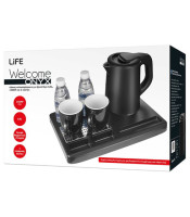 Welcome tray with BLACK kettle & mugs LIFE WELCOME ONYX