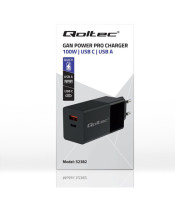 Qoltec GaN POWER PRO charger | 1xUSB type C | 1xUSB A | 100W | 5-20V | 1.5-5A | PD