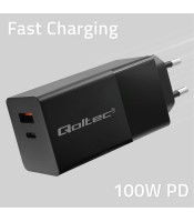 Зарядно устройство Qoltec GaN POWER PRO | 1xUSB тип C | 1xUSB A | 100W | 5-20V | 1.5-5A | PD