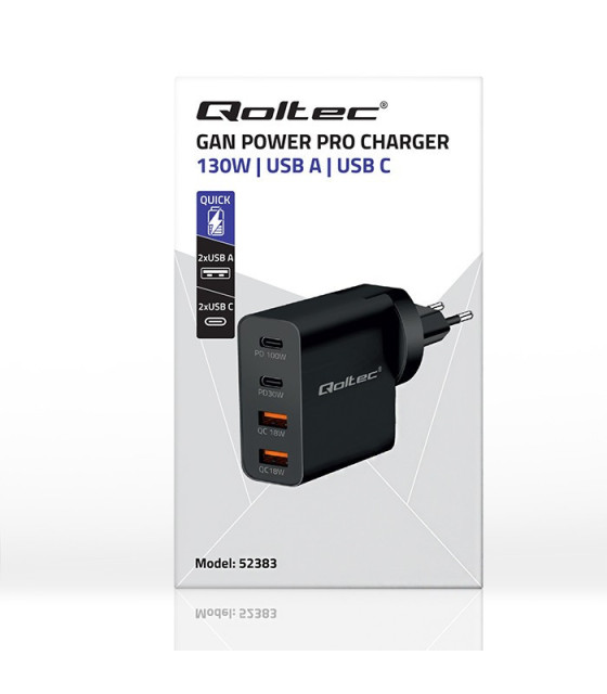 Qoltec GaN POWER PRO charger, 2xUSB-C, 2xUSB, 130W,5-20V | 1.5-5A