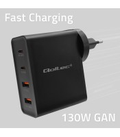 Qoltec GaN POWER PRO charger, 2xUSB-C, 2xUSB, 130W,5-20V | 1.5-5A