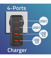 Зарядно устройство Qoltec GaN POWER PRO | 2xUSB-C | 2xUSB | 130W | 5-20V | 1.5-5A | PD | черен